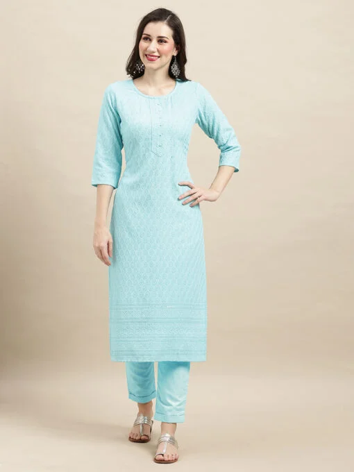 Sky Blue Rayon Sequence Embroidered Straight Kurta