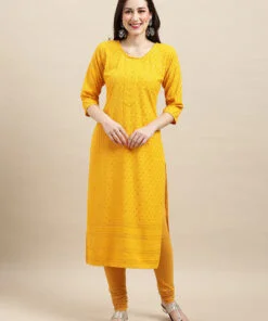 Mustard Rayon Sequence Embroidered Straight Kurta