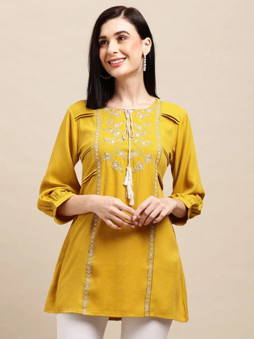 Mustard Poly Rayon Floral Embroidered Top