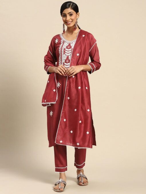 Maroon Silk Blend Kurta With Pant and Dupatta