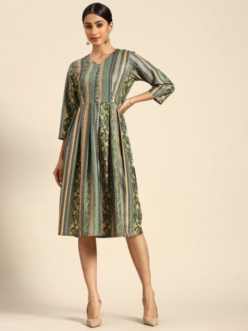 Dark Green Printed Midi  Dress