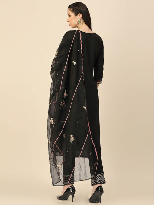 Black Embroidered Chinon Straight Kurta with Trouser & Dupatta - Image 2