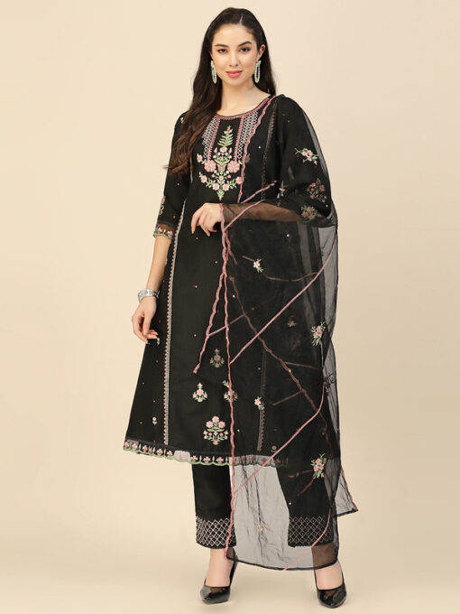 Black Embroidered Chinon Straight Kurta with Trouser & Dupatta