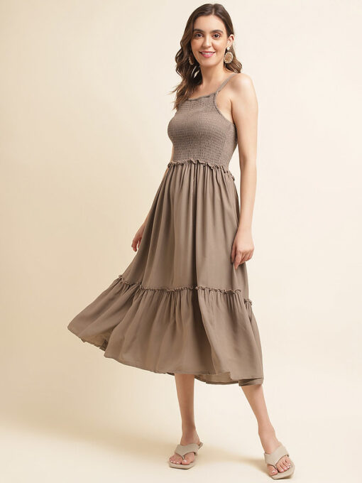 Brown Cotton Solid Flared Dress with Printed Shrug - Image 2