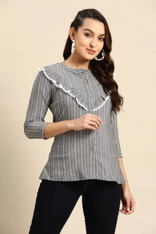 Grey Poly Cotton Striped A-Line Short Top