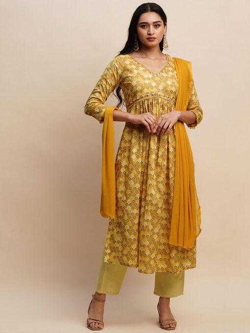 Mustard  Pure cotton Floral Printed Naira cut Kurta and Bottom with Dupatta