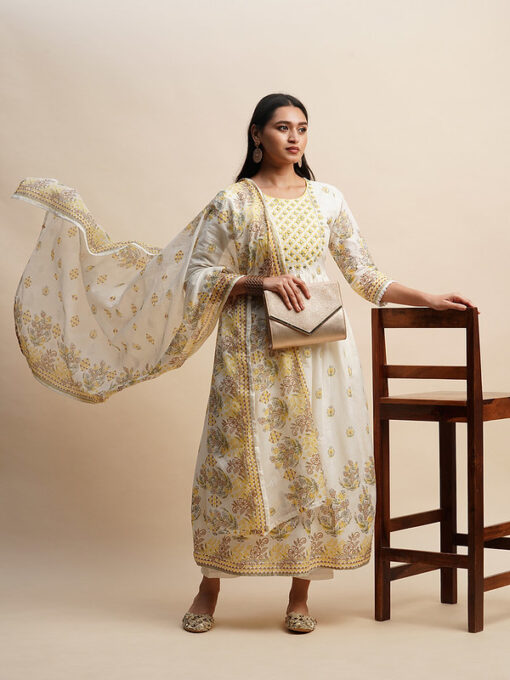 White and Yellow Pure cotton Floral Printed Anarkali Kurta and Bottom with Dupatta