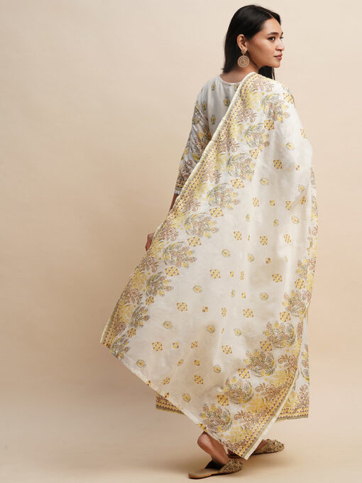 White and Yellow Pure cotton Floral Printed Anarkali Kurta and Bottom with Dupatta - Image 2