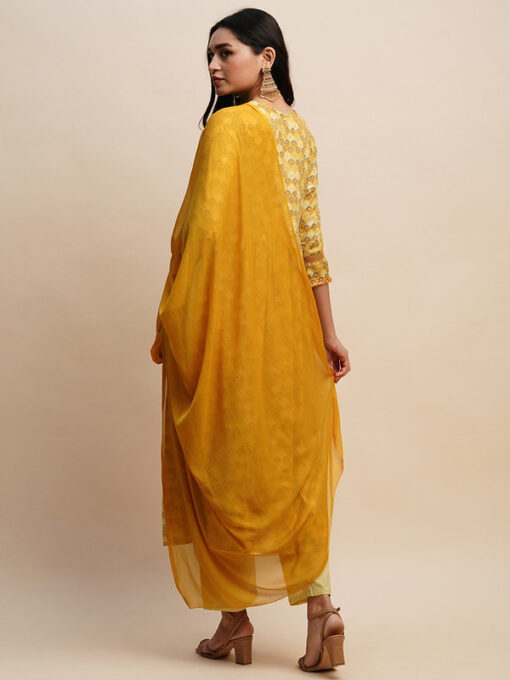 Mustard  Pure cotton Floral Printed Naira cut Kurta and Bottom with Dupatta - Image 2