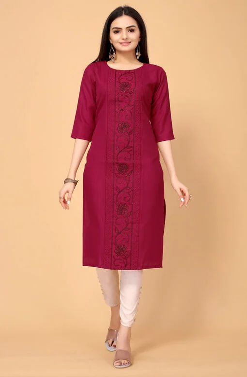 Maroon Cotton Slub Embroidery Kurti