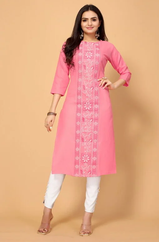 Light Pink Cotton Slub Embroidery Kurti