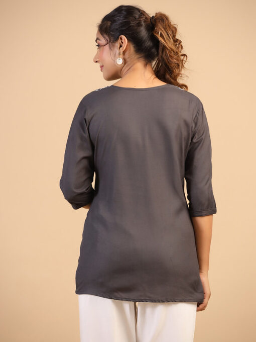 Womens Grey Rayon Yoke Embroidered Top - Image 2