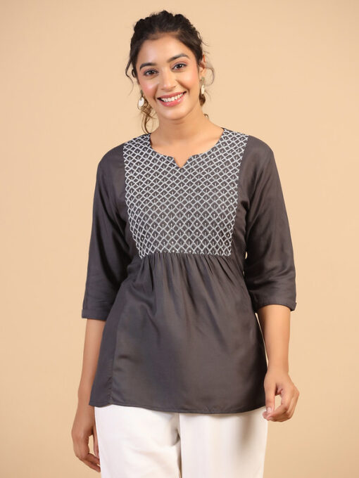 Womens Grey Rayon Yoke Embroidered Top