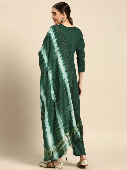 Bottle Green Poly Cotton Embroidered Kurta with Trouser & Dupatta - Image 3