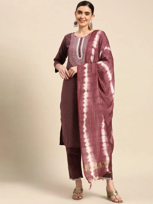 Purple Poly Cotton Embroidered Kurta with Trouser & Dupatta