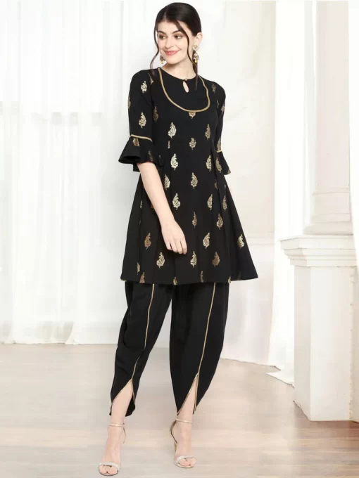 Black Poly Crepe Gold Print Kurti With Dhoti Pant