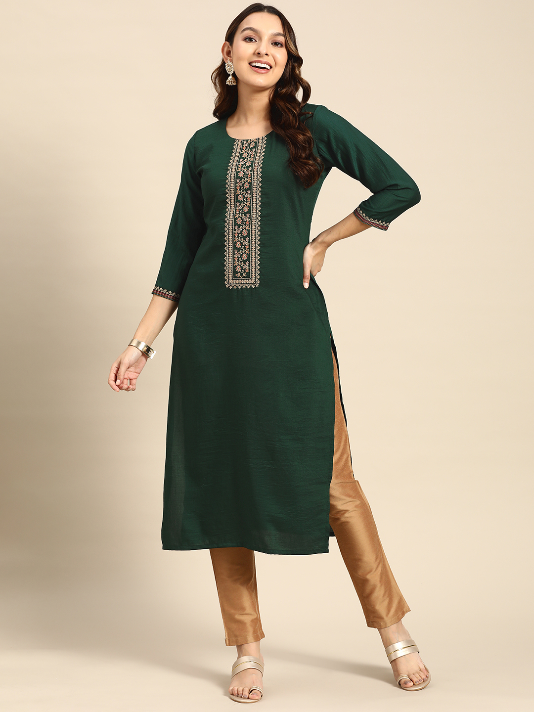 Women's Green Embroidered Chinon Kurta