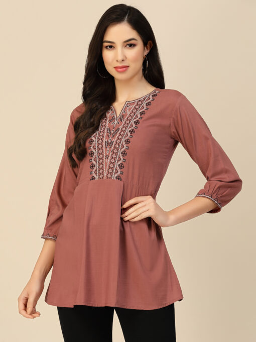 Brown Chinon Floral Embroidered Top