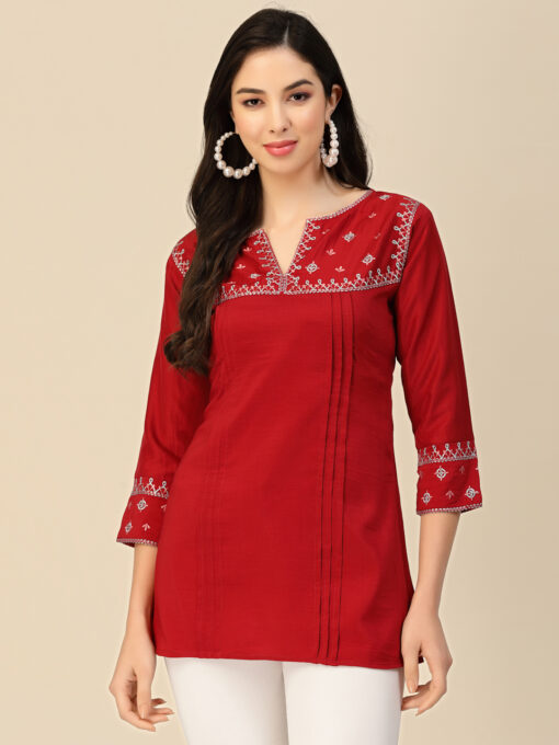 Red Chinon Floral Embroidered Top
