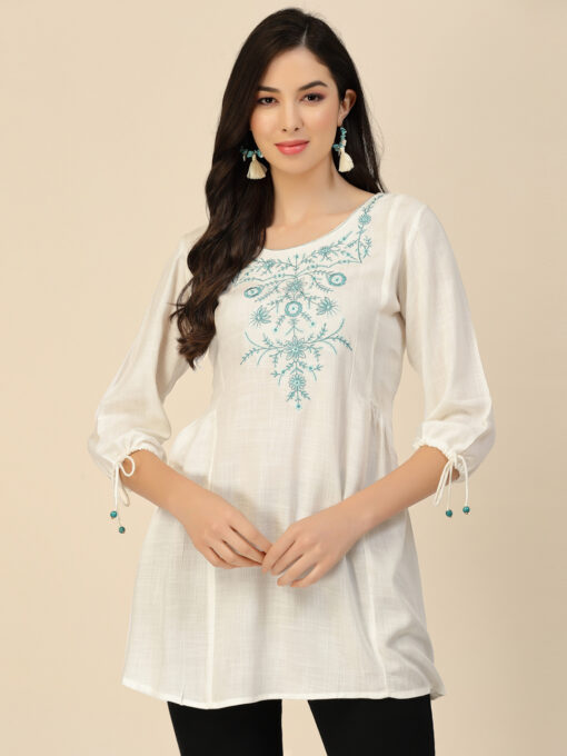 White Poly Rayon Floral Embroidered Top